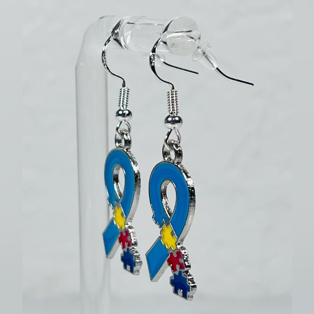 Autism Puzzle Piece Ribbon Earrings - Picture 3 of 8